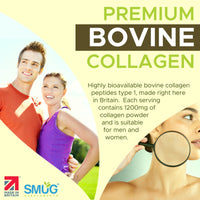 Bovine Collagen British Made by SMUG Supplements - 90 Capsules - Type 1 Peptides - 1200mg Daily Serving of Collagen Powder in Three-a-Day Capsules - 30 Day Supply - Suitable for Both Men and Women