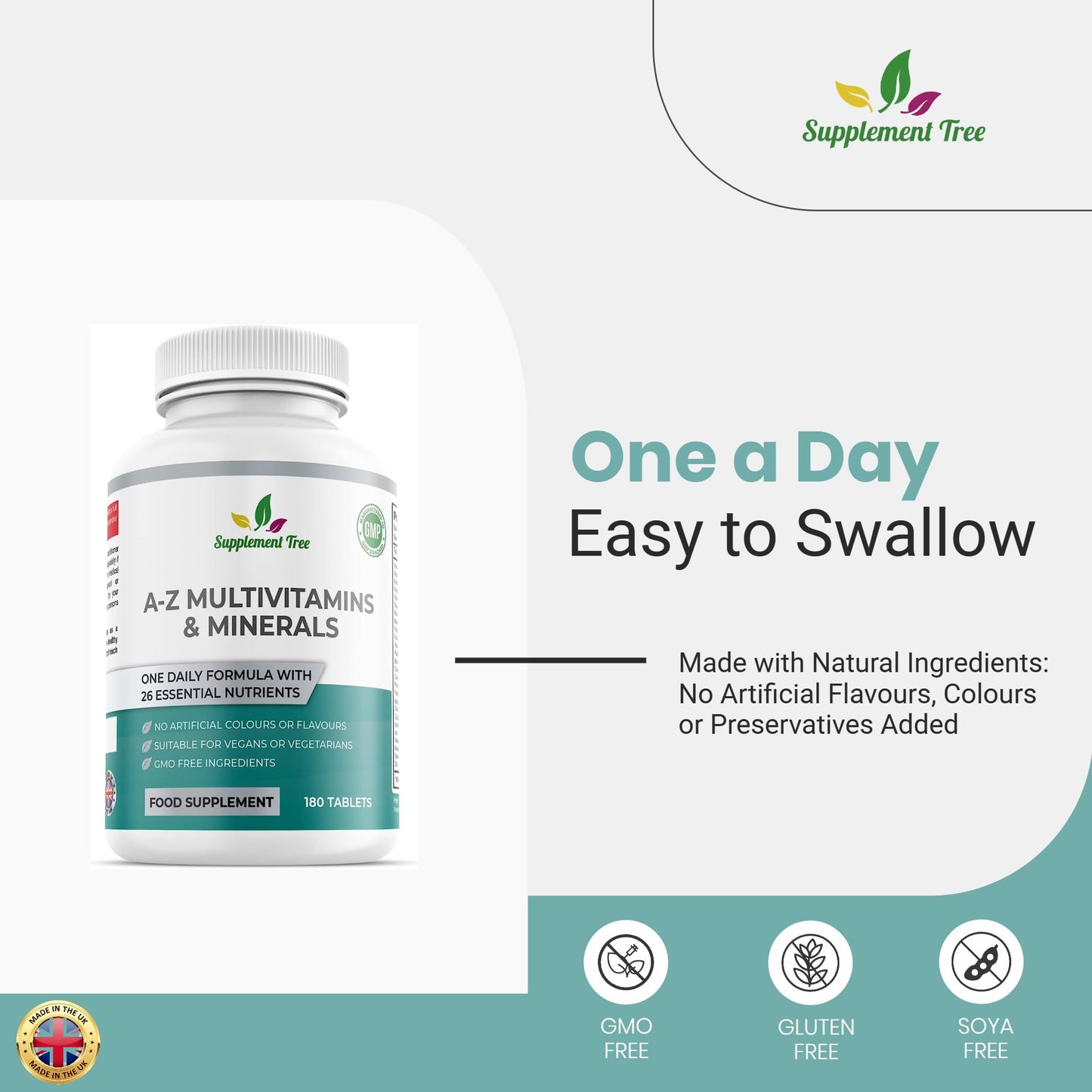 Supplement Tree A-Z Multivitamins and Minerals Tablets - 180 Vegan Multivitamin Tablets (6 Months Supply) - One a Day 26 Nutrients Multivitamins and Multi Minerals Pills for Men & Women - UK Manufactured