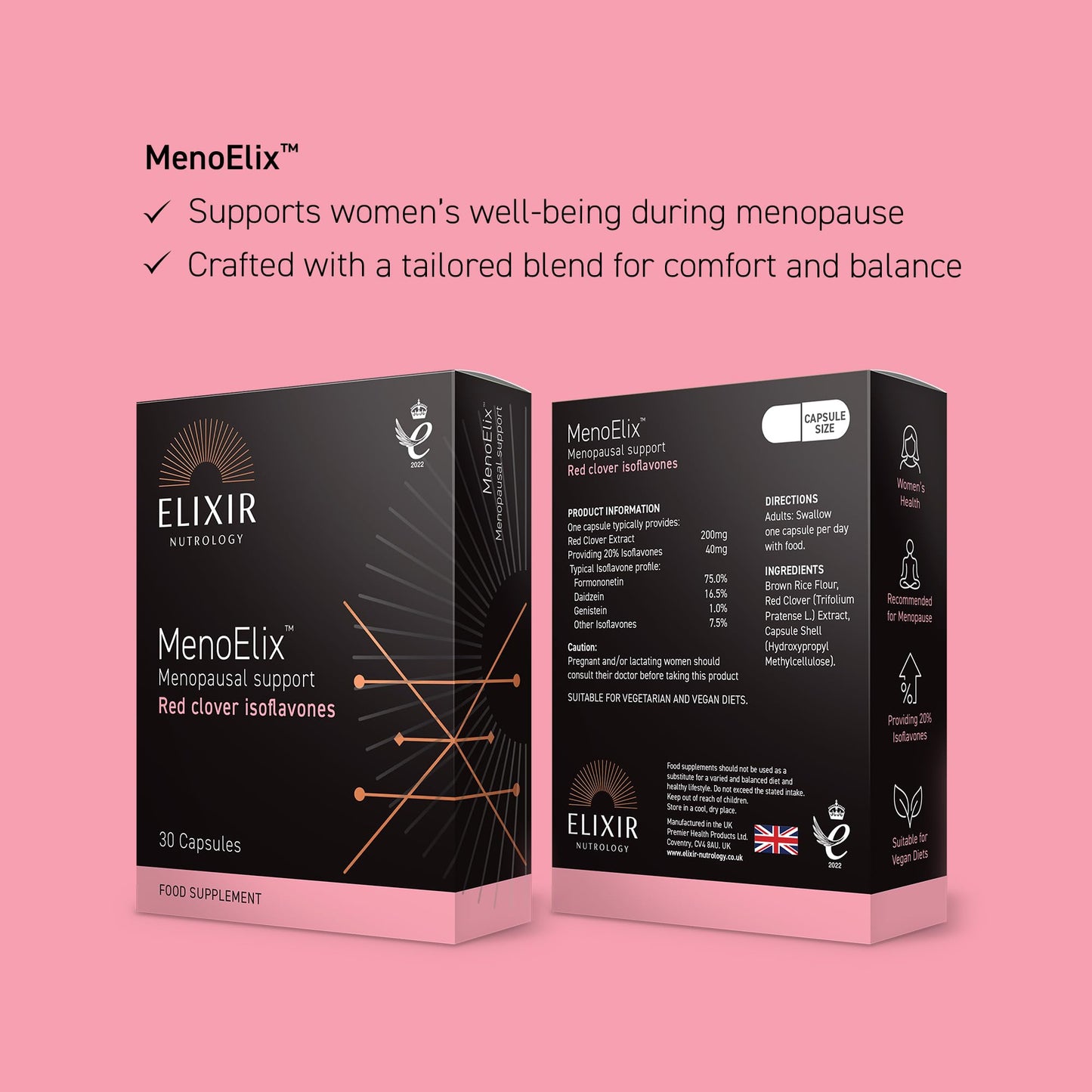 ELIXIR NUTROLOGY Red Clover Extract Capsules for Menopause Support | Isoflavone Rich Formula | Designed for Women During Menopausal Transition | Daily Support for Midlife Wellbeing | 30 Vegan Capsules | UK Made