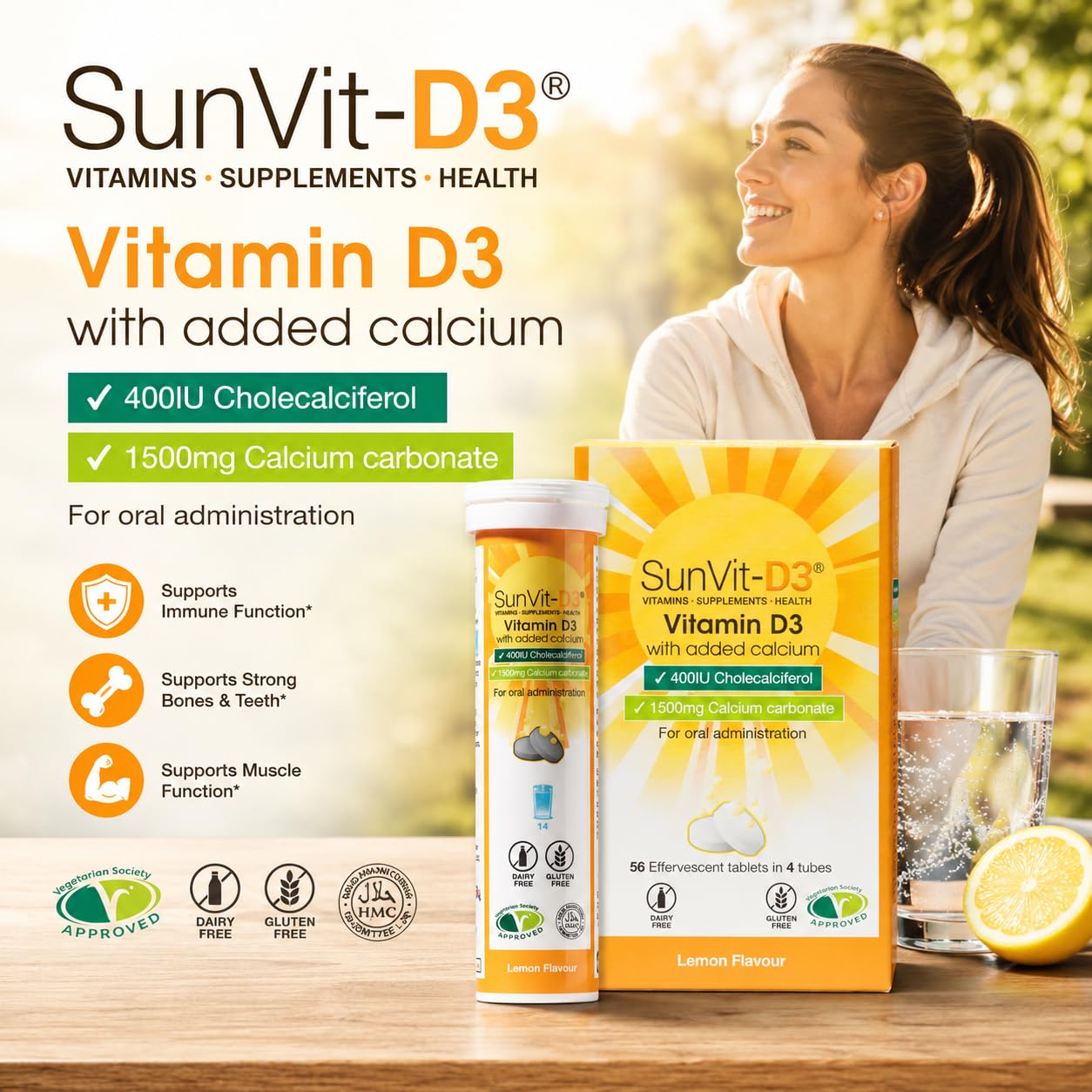 SunVit-D3 Sunvit-D3 Dissolvable Effervescent Lemon Calcium Fizzy Tablets 600mg, with Vitamin D3 400IU Daily Support for Strong Bones & Immune Health, Effervescent Calcium and Vitamin D Tablets 14 X 4 Tubes