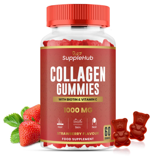SuppleHub Collagen Gummies 1000mg - Hydrolysed Collagen Peptides with Biotin & Vitamin C - Collagen Supplements for Women & Men - Skin, Hair, Nails & Joint - Strawberry Flavour - 60 Gummies/Bottle