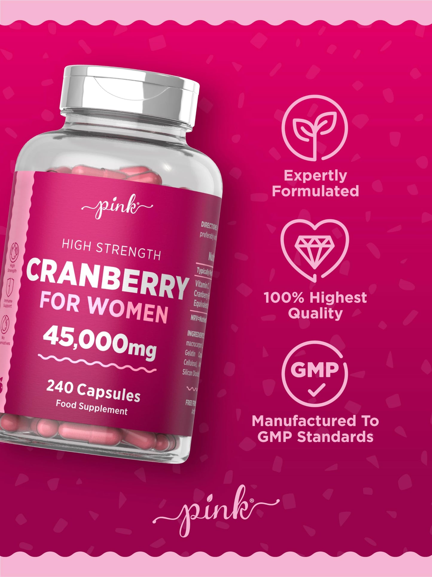 Cranberry Capsules 45000mg for Urinary Infections | 240 High Strength Capsules | with Vitamin C | by Pink