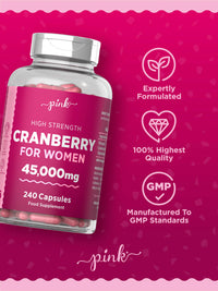 Cranberry Capsules 45000mg for Urinary Infections | 240 High Strength Capsules | with Vitamin C | by Pink