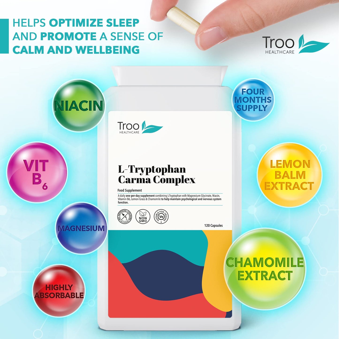 Troo Health Care L-Tryptophan Carma Complex 120 Vegan Capsules - Daily Supplement to Support Healthy Psychological Function - with Niacin, Vitamin B6 & Magnesium Bisglycinate