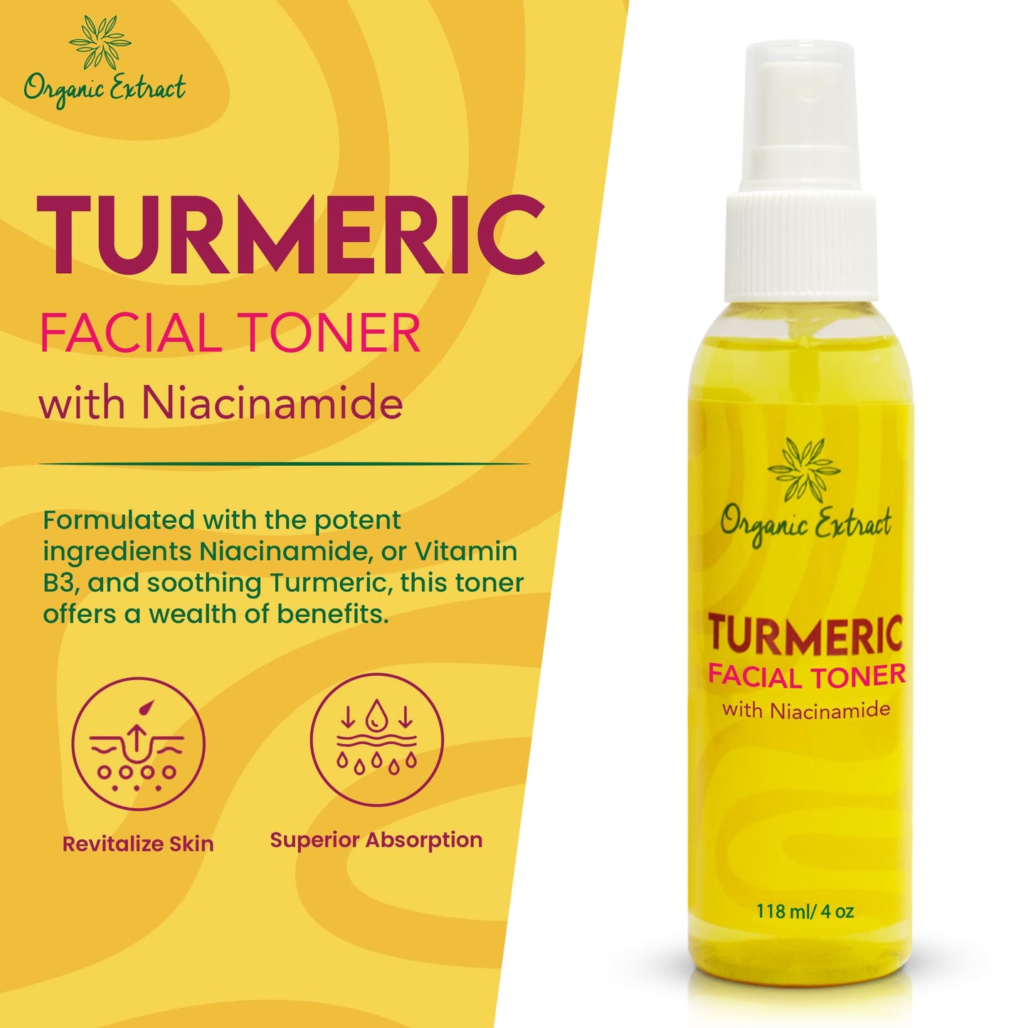 ORGANIC EXTRACT Organic Extract Turmeric Facial Toner - 4 fl oz / 118 ml - Skin Brightening Face Toner, Gently Removes Impurities - Exfoliating, Hydrating Toner with Niacinamide, Glycerin, Aloe Vera
