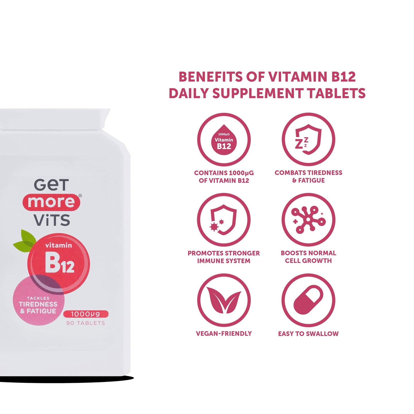 Get More Vits Vitamin B12 Tablets - 1000µg B12 Vitamin High Strength Food Supplement for Tiredness & Fatigue - Immune System Booster & Energy Tablets for Men & Women Adults - 90-Day Supply
