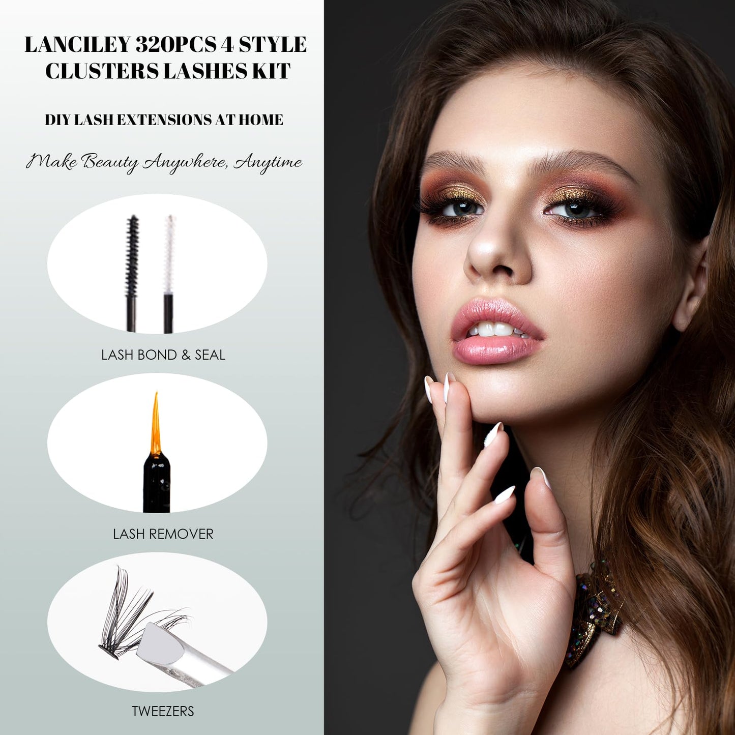 Lanciley Cluster Lashes 320PCS Volume Individual Eyelashes 30D+40D+80D+100D Lash Extension Kit 12-20MM Natural Lash Clusters DIY Eyelash Extension Kit with Lash Bond and Seal Lash Tweezers-30+40+80+100D