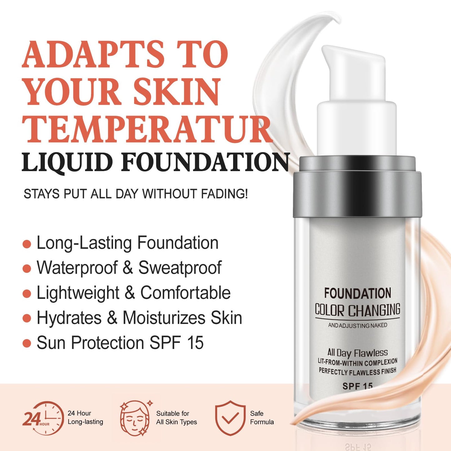 HEXIN TLM Color Changing Foundation, Colour Changing Foundation for Mature Skin, Long Lasting Waterproof Makeup Base Nude Face Cover Concealer Cream SPF (30 ml,2 Pack)