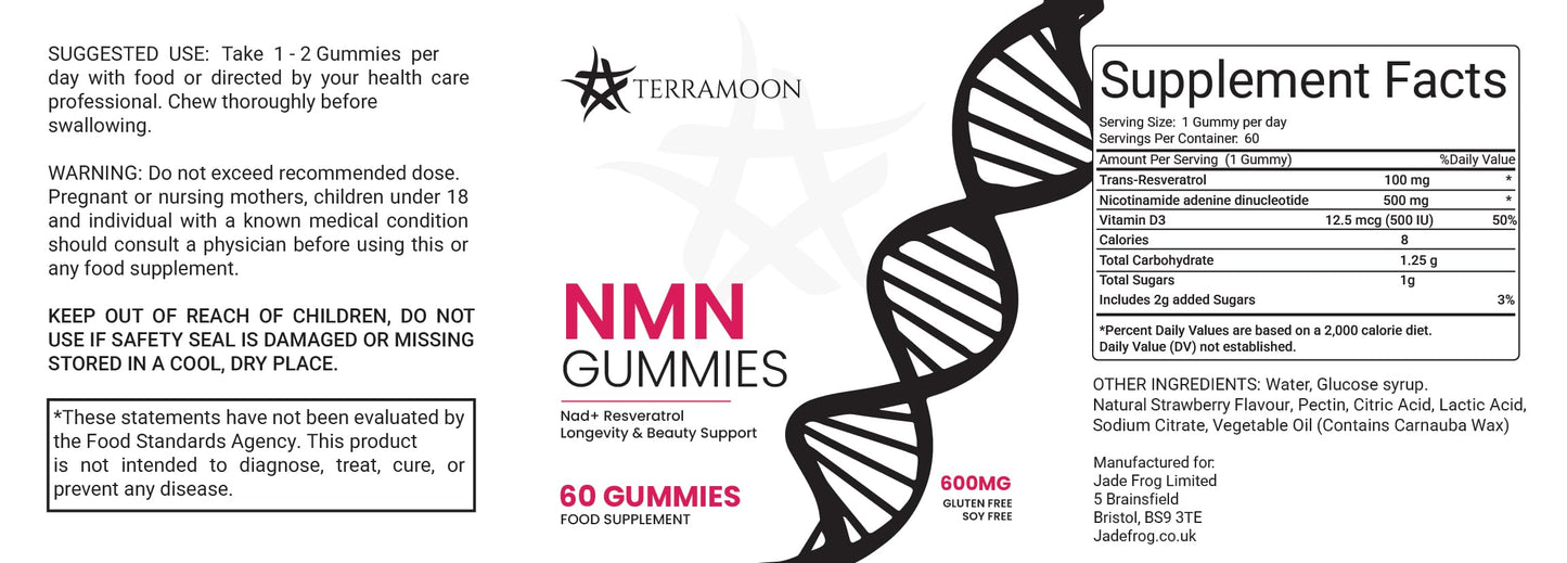 TERRAMOON NMN Gummies, NAD+ Resveratrol, 600mg, 2 Month Supply for Longevity and Beauty Support Supplement, 60 Count,