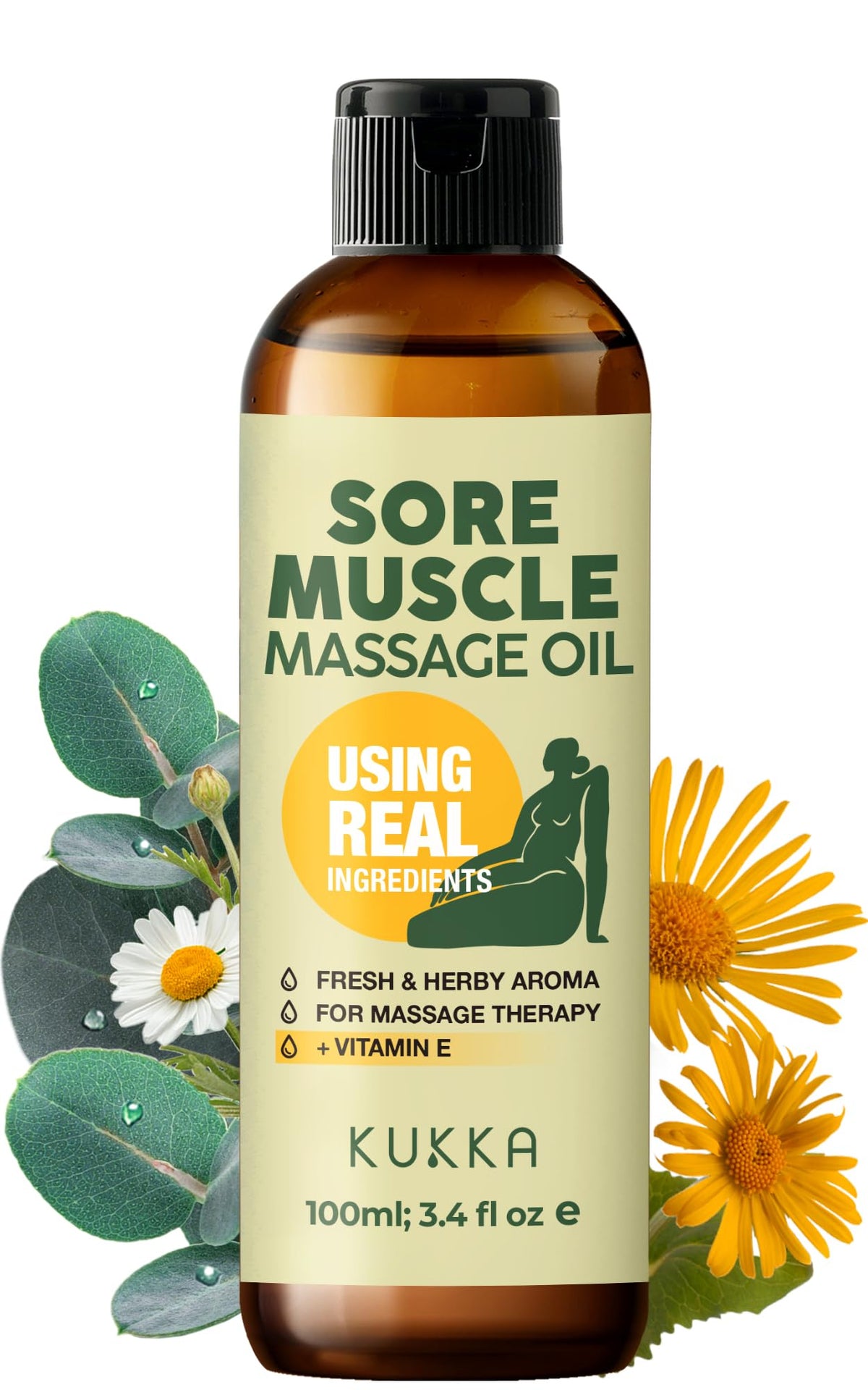 KUKKA essential oils Kukka Sore Muscle Massage Oil for Professional Massages - 100 ml - Made with Eucalyptus & Roman Chamomile, Relaxing Body & Face Oil for Sore Muscles, Spa & Yoga, Fast-Absorbing