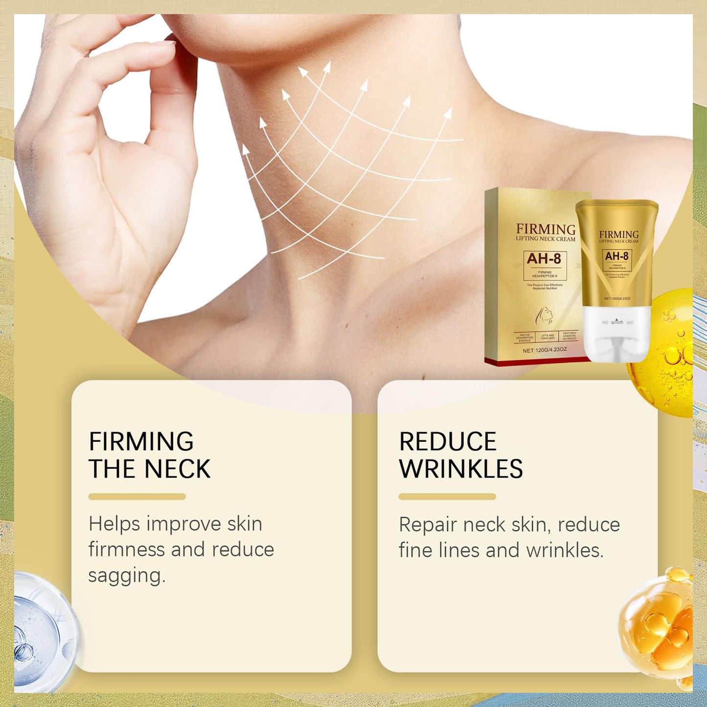 MINSHZEE AH-8 Firming Neck Cream, Neck Firming Cream with Roller, Reduces Wrinkles Fine Lines and Double Chin, Deeply Moisturises and Nourishes, Restores Firming Effect and Restores Nutrition (120G/4.230Z)