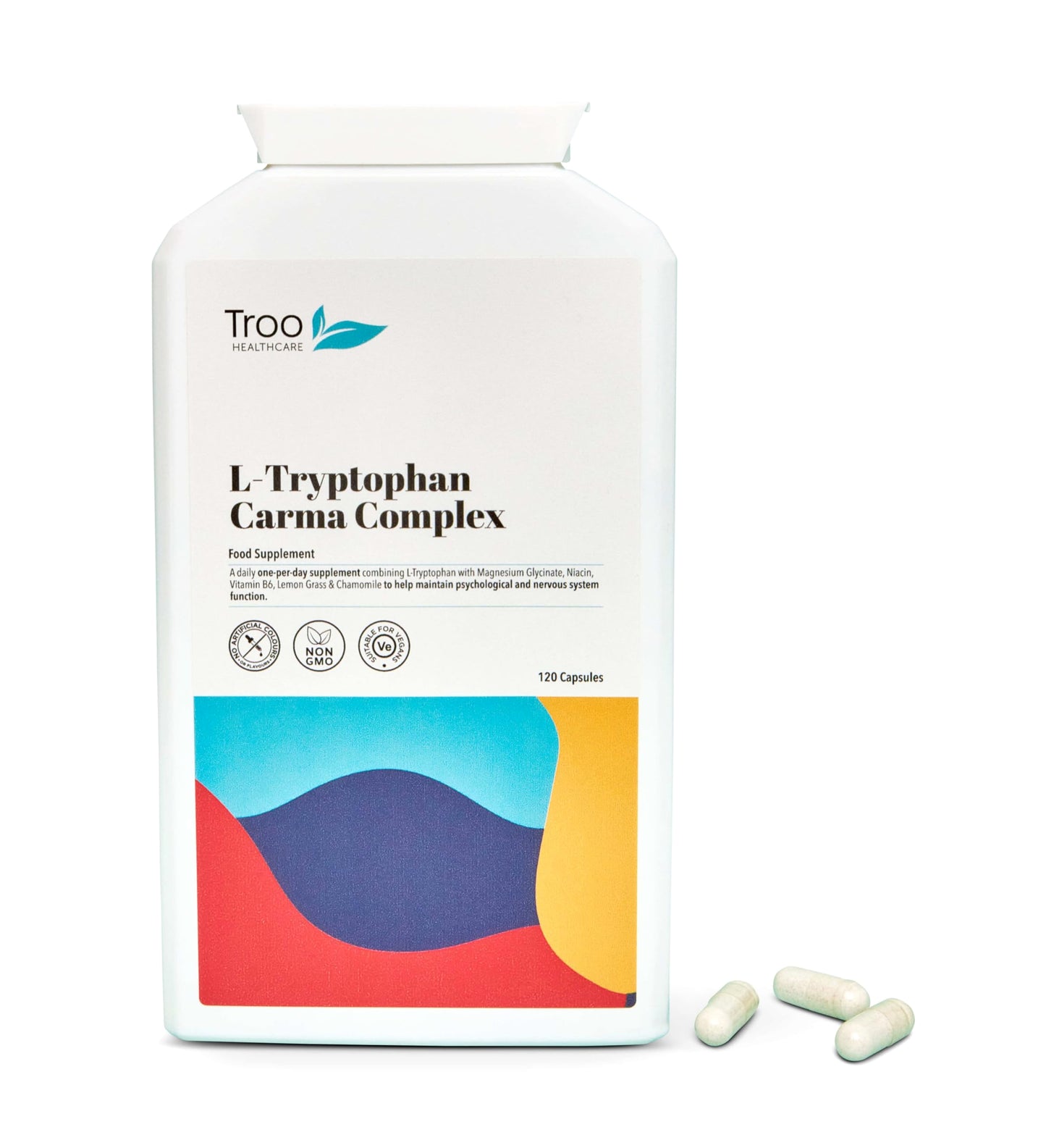 Troo Health Care L-Tryptophan Carma Complex 120 Vegan Capsules - Daily Supplement to Support Healthy Psychological Function - with Niacin, Vitamin B6 & Magnesium Bisglycinate