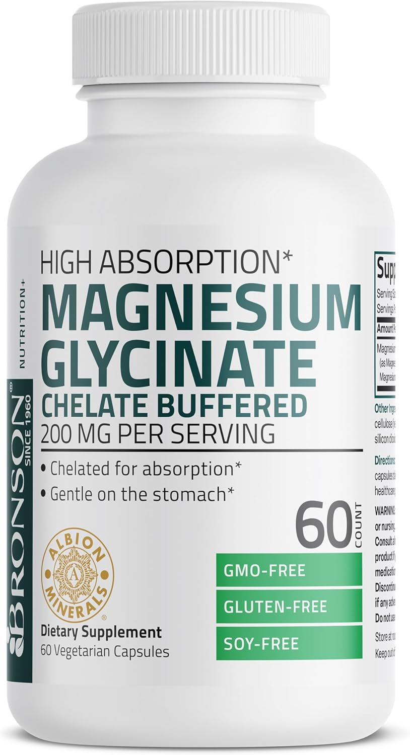 Magnesium Glycinate 200 MG per Serving Chelated for High Absorption, Gentle On Stomach, Non-GMO, 60 Vegetarian Capsules