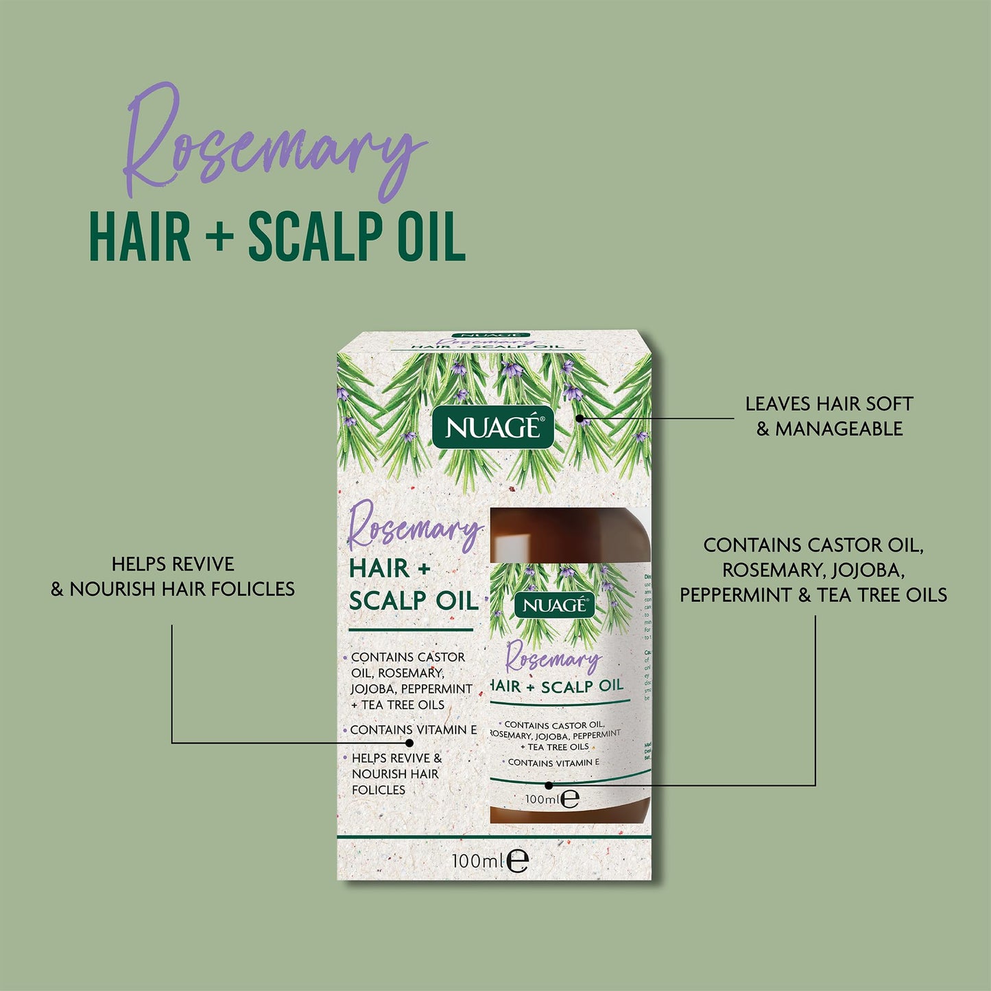 NUAGÉ Nuage Rosemary Hair and Scalp Oil with Vitamin E - Castor Oil, Rosemary, Jojoba, Peppermint & Tea Tree Oils | Helps Revive & Nourish Hair Folicles (100ml)
