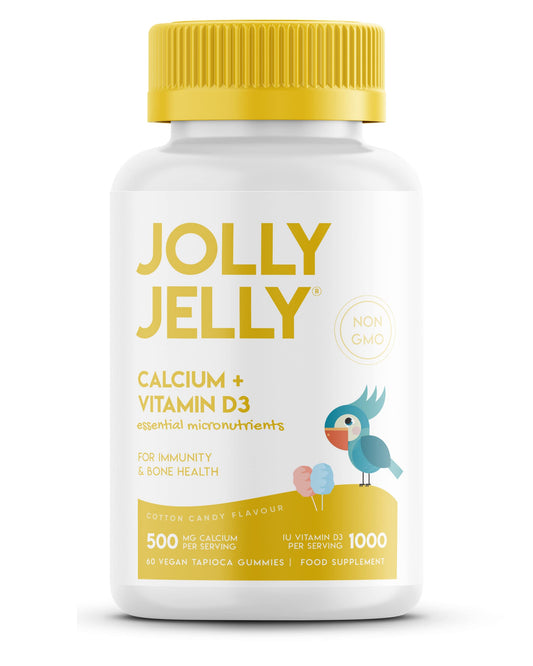 Calcium and Vitamin D3 Tapioca Gummies | 1000IU Vitamin D3 + 500mg Calcium | Immunity & Bone Health | Cotton Candy Flavour | Kosher, Halal, Non GMO | 60 Vegan Gummies.