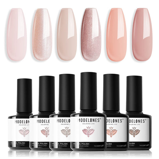 modelones Modelones Gel Nail Polish Set, 6 Colors Pink Nude Gel Polish Milky White Gel Nail Polish Set Soak Off Glitter Nail Gel Nail Art DIY Manicure Salon and Home for Women