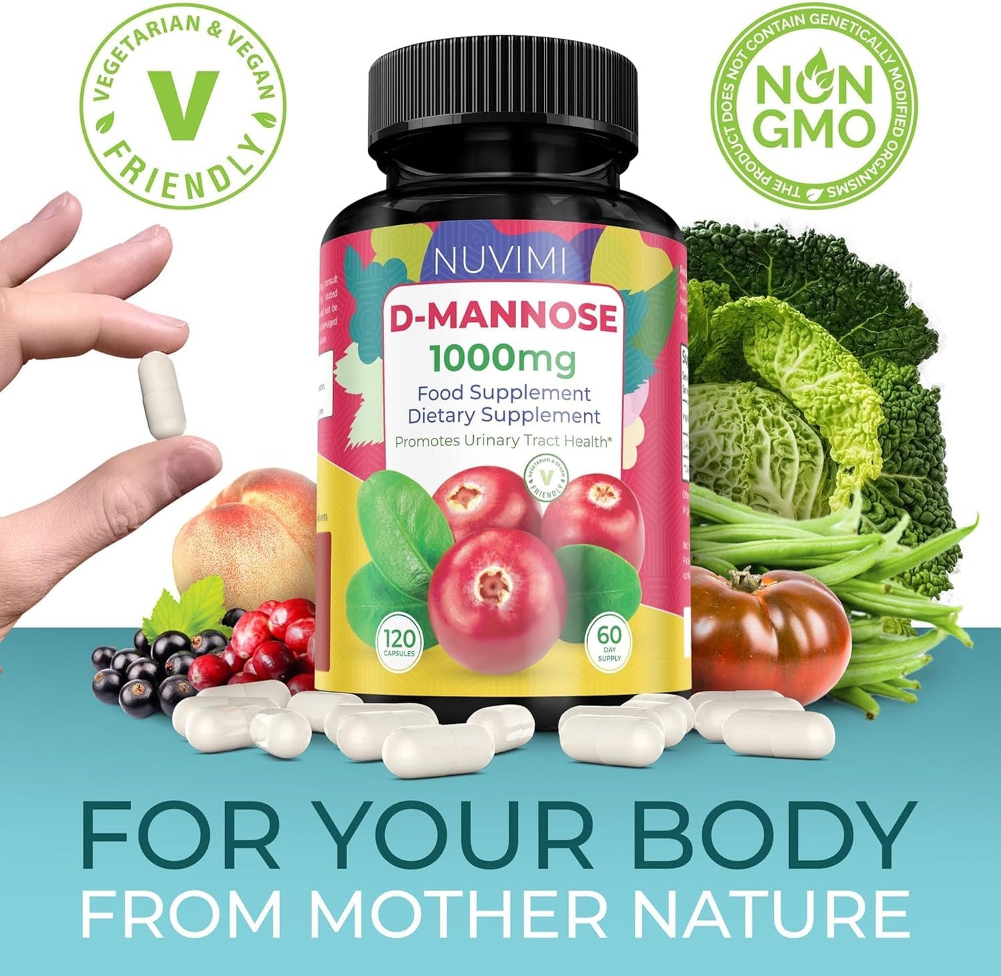 D Mannose 120 Capsules, 1000 mg per Dose, Promotes Urinary Tract Health, Natural Vegan UTI Defence by NUVIMI®