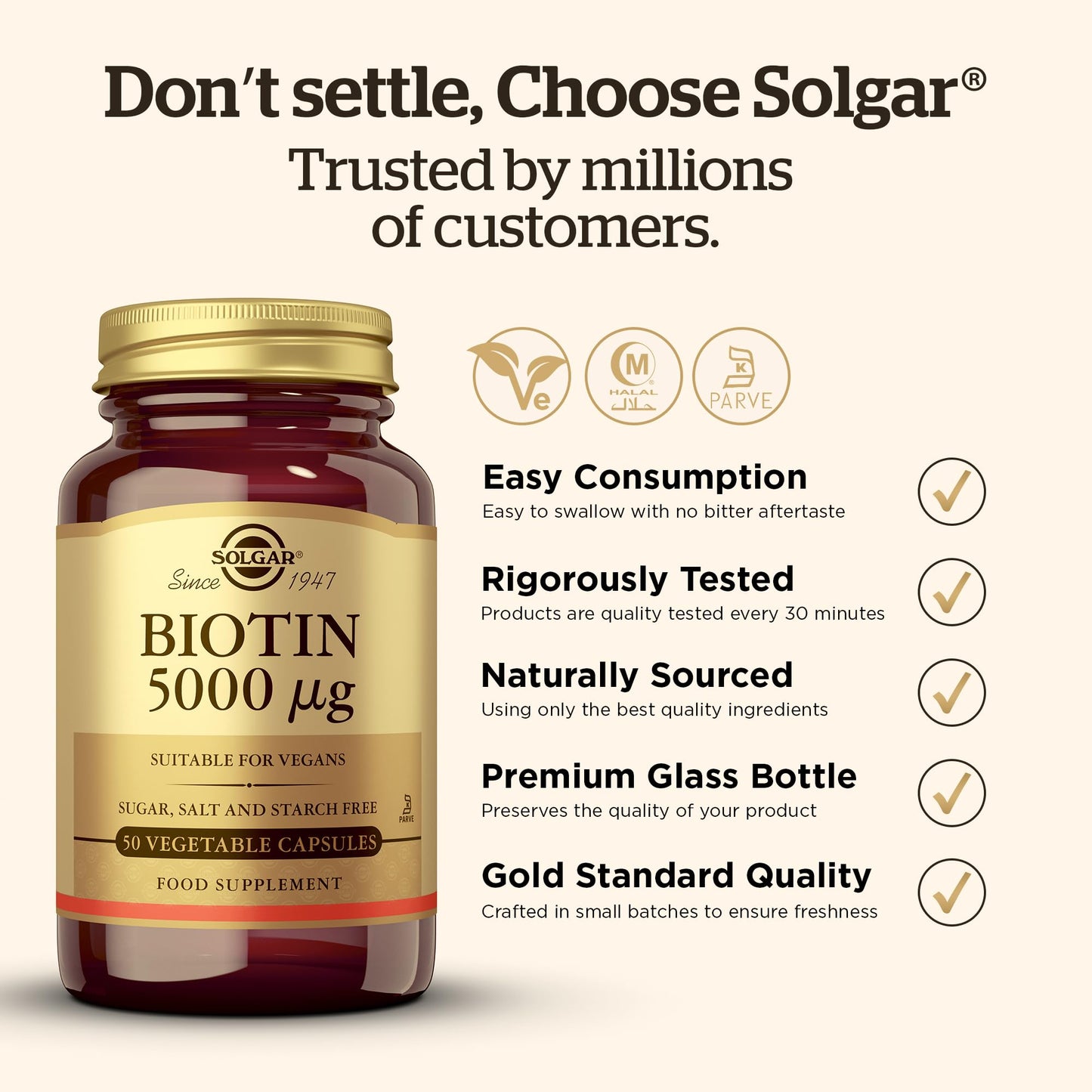 Solgar Biotin 5000 mcg Vegetable Capsules - High Strength Formula - Supports Hair Growth, Glowing Skin, Energy & Vitality - Health Supplement - Sugar Free - Suitable for Vegans - Pack of 50
