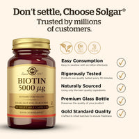 Solgar Biotin 5000 mcg Vegetable Capsules - High Strength Formula - Supports Hair Growth, Glowing Skin, Energy & Vitality - Health Supplement - Sugar Free - Suitable for Vegans - Pack of 50