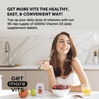 Get More Vits - Vitamin D3 Tablets (90 Tablets), 90 1,000IU Servings Per Bottle, Strengthens Bones, Teeth & Muscles, Promotes Calcium Absorption & Improves Immune System, Vegetarian, Food Supplement