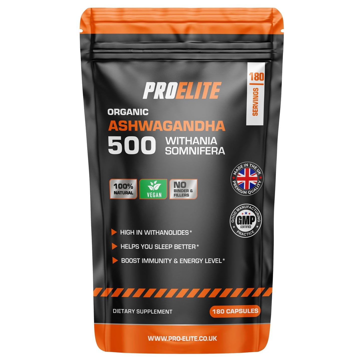 PROELITE Ashwagandha 180 Capsules Vegan Ashwagandha Root Powder Capsule 10% Withanolides 500mg High Strength 10,000mg Extract 20:1 | Stress Relief, Energy, Strength & Endurance by PRO-Elite