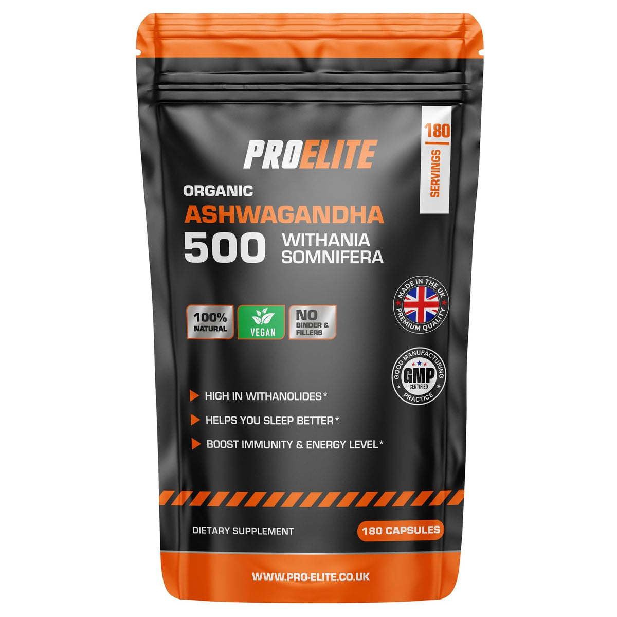 PROELITE Ashwagandha 180 Capsules Vegan Ashwagandha Root Powder Capsule 10% Withanolides 500mg High Strength 10,000mg Extract 20:1 | Stress Relief, Energy, Strength & Endurance by PRO-Elite