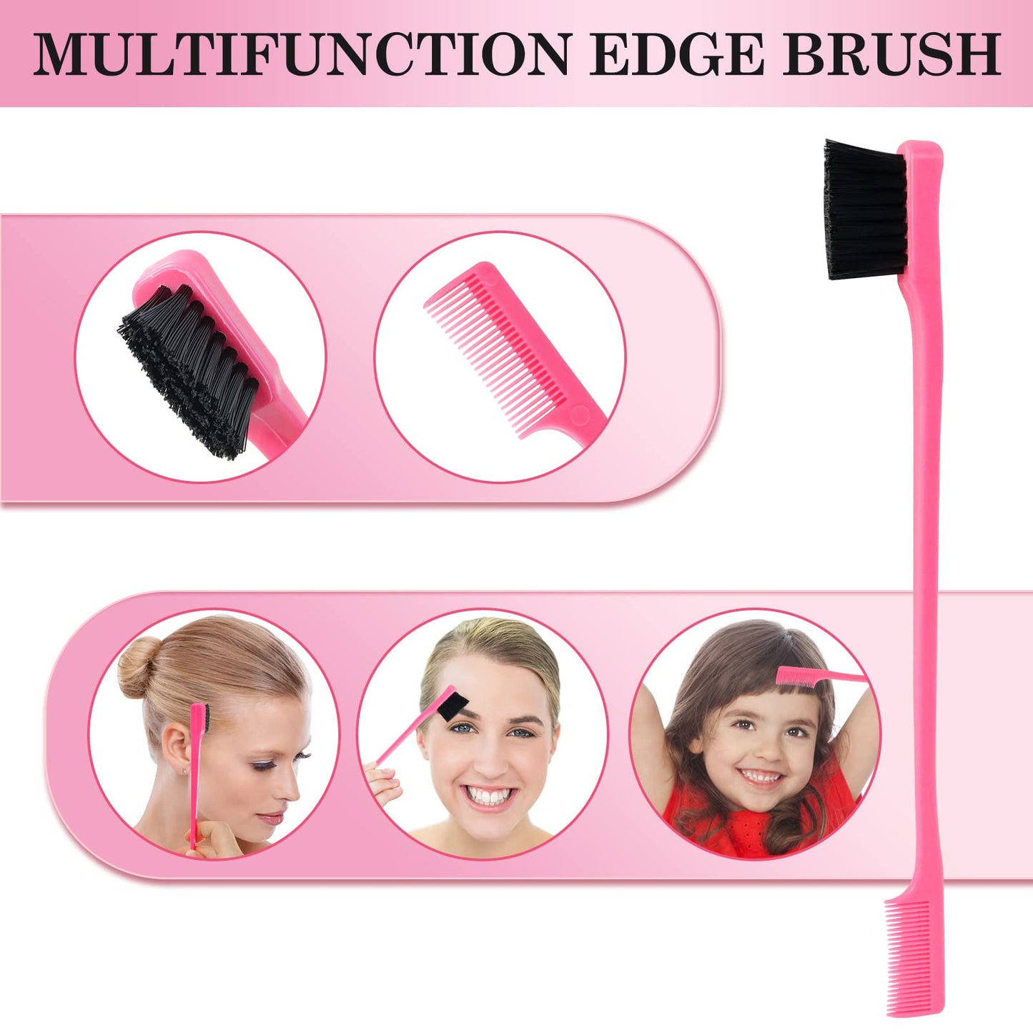sularpek Sularpek 3 Pcs Slick Brush Set, Plastic Bristle Hair Brush Teasing Comb Edge Hair Brush Teasing Brush Set, Rat Tail Comb Double Sided Edge Brush, for Hairdresser Women Baby Children (Pink)
