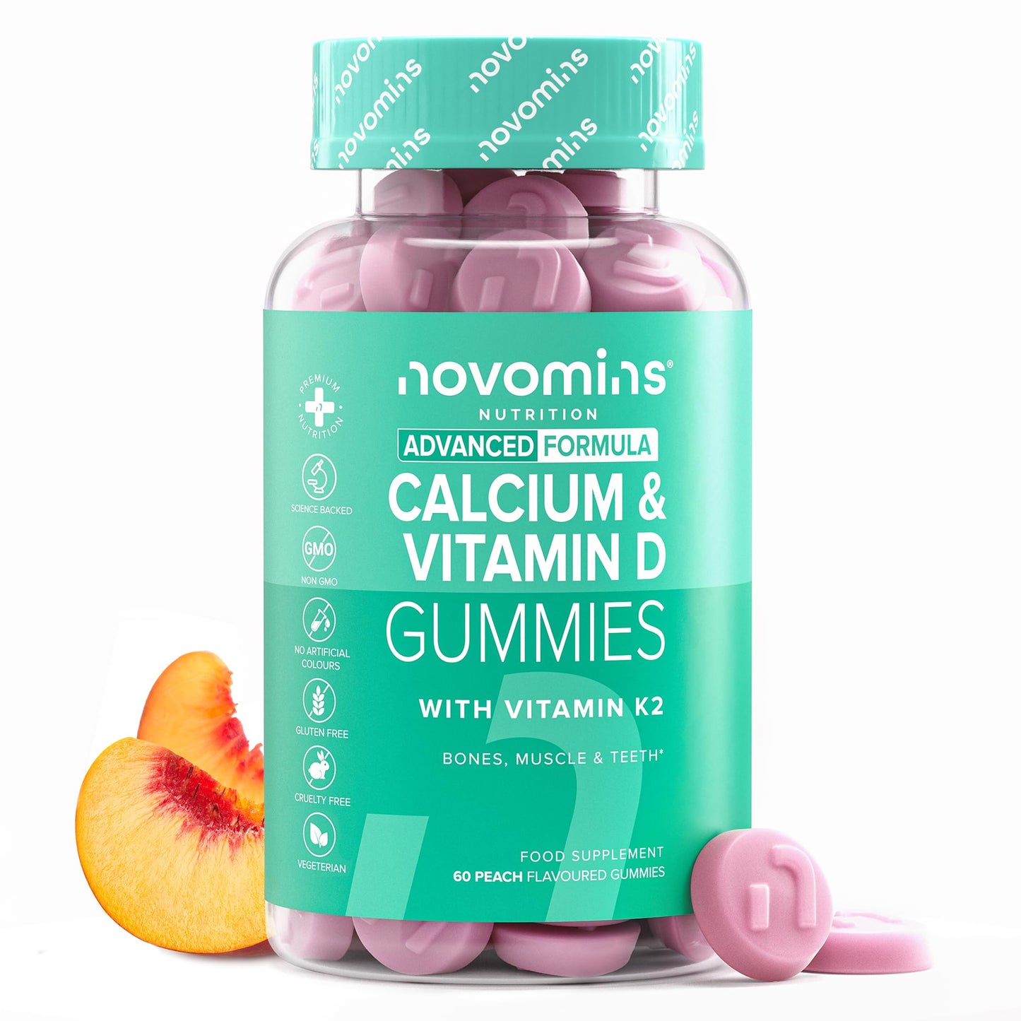 novomins Calcium Gummies 400mg - with Vitamin D3 K2 - Alternative to Calcium Tablets - Vegetarian - 1 Month Supply - Healthy Bones & Muscles - 60 Gummies - Novomins