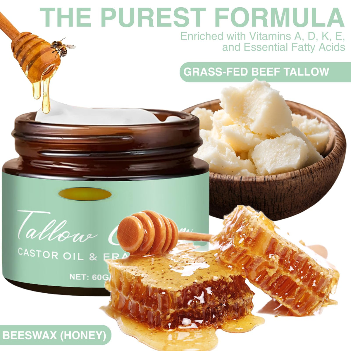 atnayo Grass-fed Beef Tallow with Frankincense Oil & Castor Oil, Tallow and Honey Balm