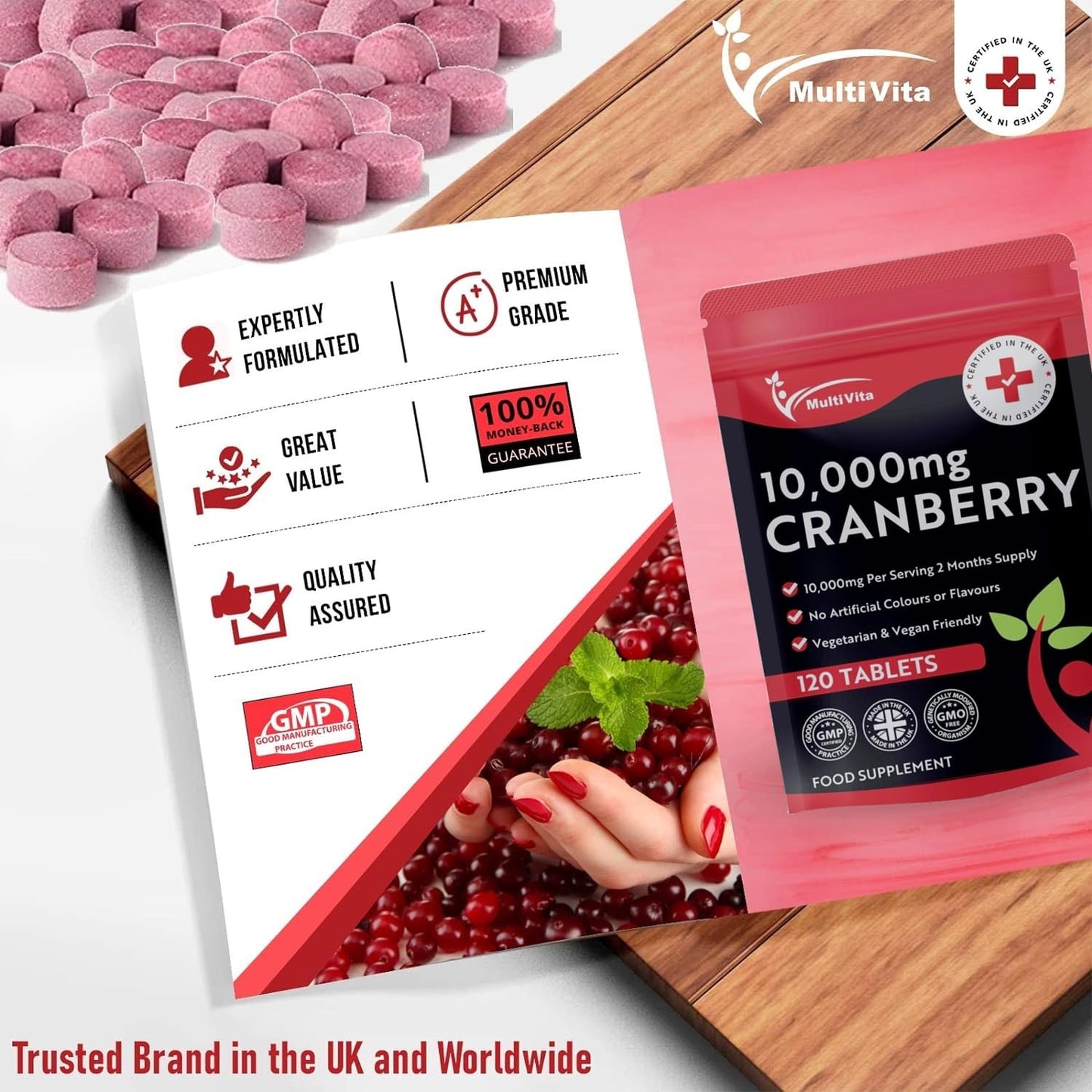 Cranberry Tablets 10,000mg 120 Vegan Tablets 2 Months Supply - High Strength Supplement for Women and Men Cranberry Extract for Urinary Tract Bladder and Kidney Support (not Capsules) UK Made GMO Free