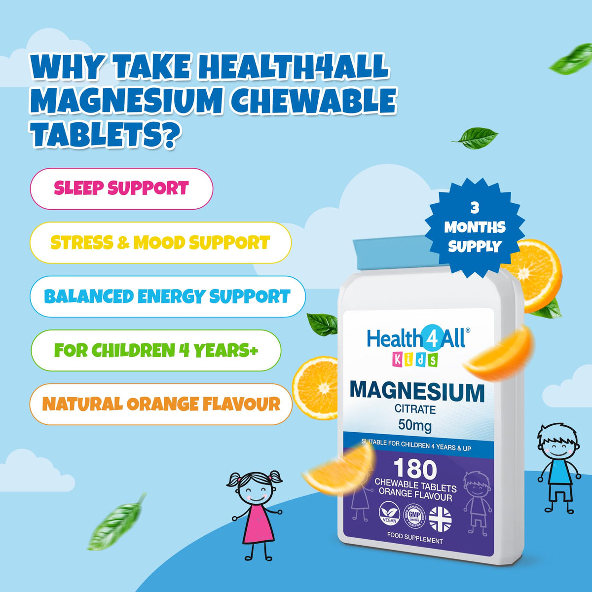 Health4All Kids Magnesium 180 Chewable Tablets for Children 4+, Sleep & Stress Support