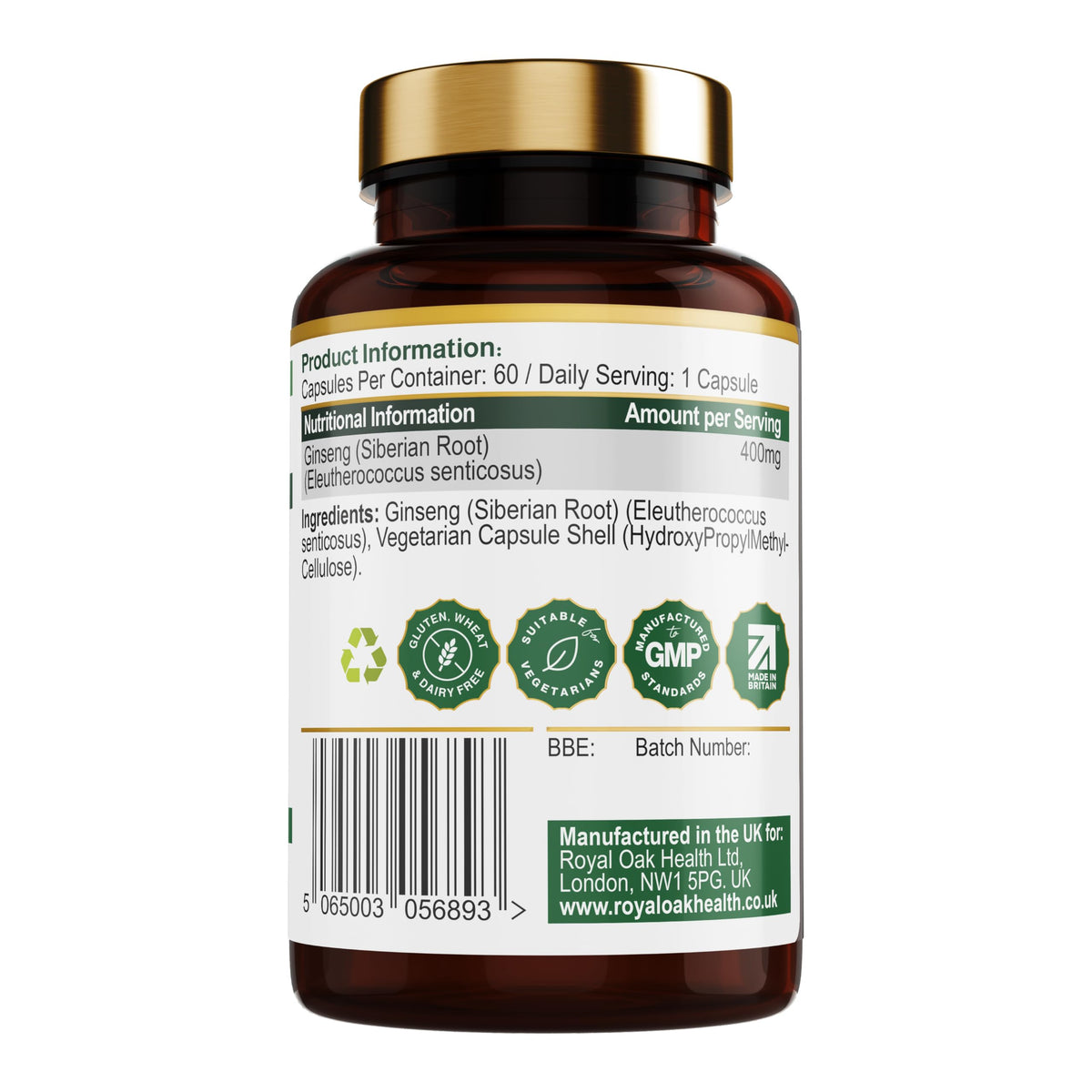 Royal Oak Health Siberian Ginseng - 60 Vegan Capsules, 20 Month Supply - UK Made