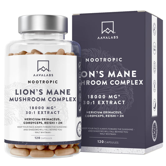Lions Mane Supplement-18,000mg (30:1 Extract)+Zinc, Reishi & Cordyceps-3 Mushrooms Herbal supplements -Nootropic Complex Lion's Mane Mushroom Supplement-120 Lion's Mane Capsules(Not Lions Mane Powder)