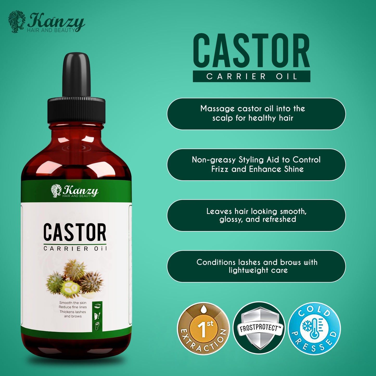KANZY HAIR AND BEAUTY Kanzy Castor Oil for Eyelashes and Eyebrows 100ml Cold Pressed Castor Oil for Hair Growth 100% Natural and Pure Oil with Brushes For Hair, Beard, Nails and Skin