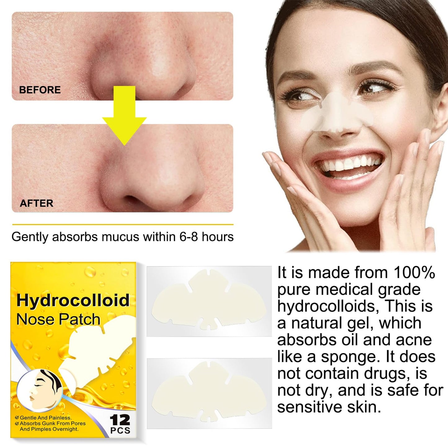 SHEBEEDO 12Pcs Hydrocolloid Nose Strips,Blackhead Remover Strips,Nose Pore Strips for Unclog and Shrink Pores,Absorbs Oil,Removal Acne,Pimple,Zits,Spot,Targets Pores & Pimples