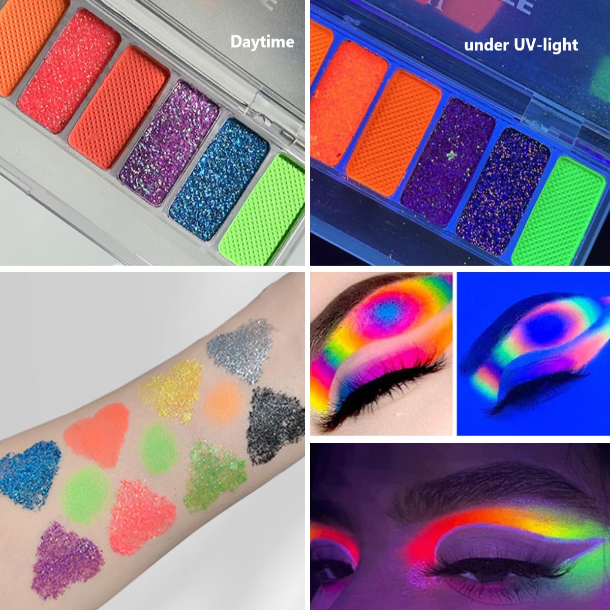 KARLOR 10 Color Fluorescent Eyeshadow, Glitter Luminous Neon UV Eyeshadow Matte Shimmer Sequins Colorful Glow Makeup Eyeshadows Palette with Brush, Neon Eye shadow Glow under UV Light