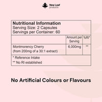 NEW LEAF PRODUCTS Montmorency Cherry 6000mg - 120 Capsules High Strength Concentrate - Natural Tart Cherry Vegan Supplements (not Tablets or Powder) - Non-GMO, 2 Months Supply - (2 per Serving) Made in the UK