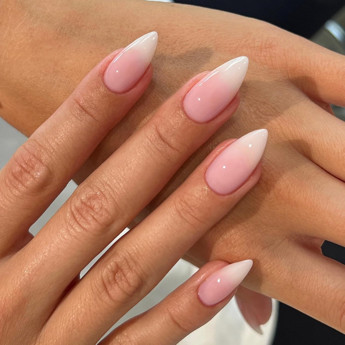 KQueenest Ombre Press on Nails Almond, French Tip False Nails Medium Stiletto, Gradient White Pink Fake Nails Press ons, Perfectly Fit, Reusable Gel Stick on Nail for Women Daily Wear, 30 Pcs