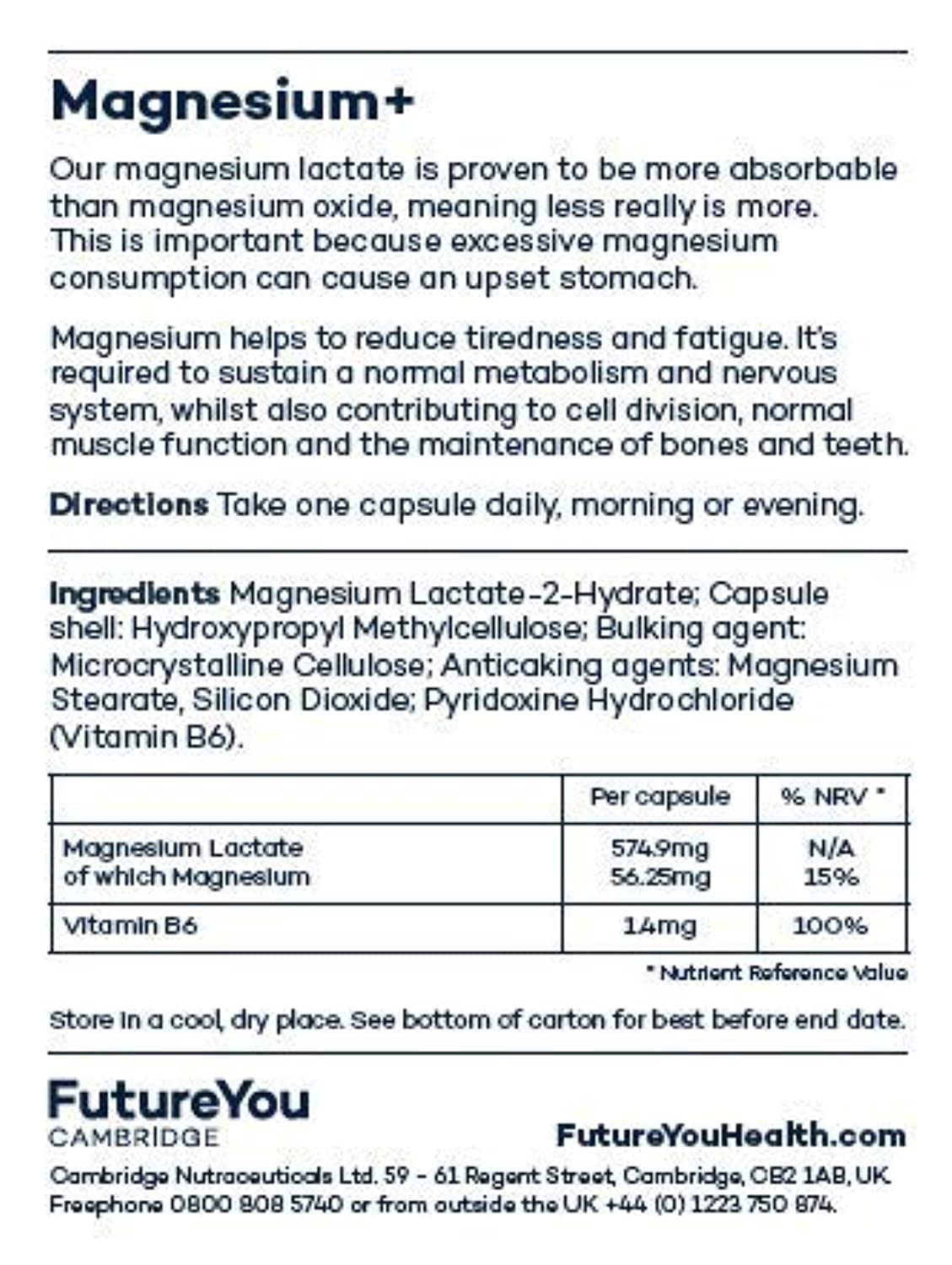 Magnesium+ 575mg Supplement – 28 High Strength Magnesium Capsules – Magnesium Lactate & Vitamin B6 Health Supplements to Reduce Tiredness & Support Bone Health – Supplements by FutureYou Cambridge