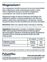 Magnesium+ 575mg Supplement – 28 High Strength Magnesium Capsules – Magnesium Lactate & Vitamin B6 Health Supplements to Reduce Tiredness & Support Bone Health – Supplements by FutureYou Cambridge