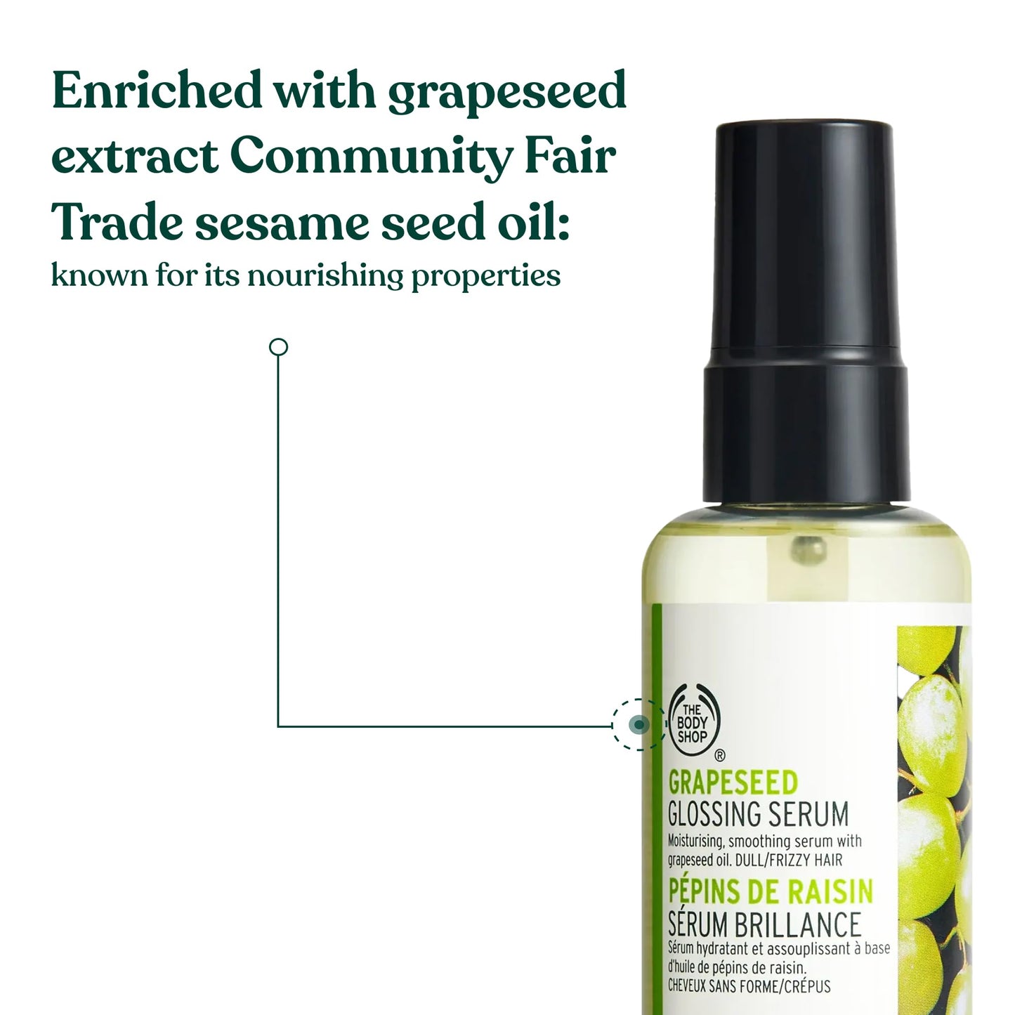 The Body Shop Grapeseed Glossing Serum (1x 60ml), Hair Serum for Shine, Smoothing Serum for Frizz Control, Made with Grapeseed Extract & Sesame Seed Oil