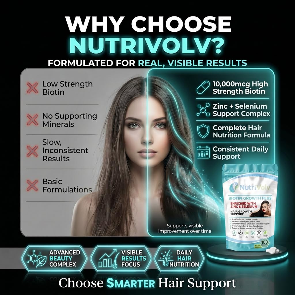 NutriVolv Biotin Hair Growth | Enhanced with Zinc & Selenium | 180 Tablets | 10,000mcg Biotin | Hair Vitamins Complex | Vegan | Hair Skin & Nails Vitamins for Men & Women | UK Made