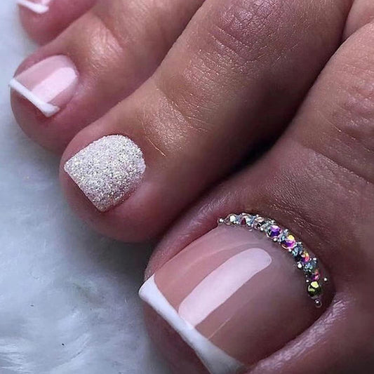 Ceboic 24Pcs French Square False Toenails Glossy Rhinestones Press on Toenails Nude Glitter Stick on Toenails Short Acrylic Full Cover Artificial Summer Fake Toenails for Women and Girls Daily Decorations