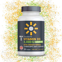 Transforme Vitamin D3 4000 IU in Olive Oil, 365 Capsules 1 Year Supply, Maximum Strength High Absorption Softgels, Easy to Swallow Quadruple Strength VIT D3 Cholecalciferol - Not Tablets