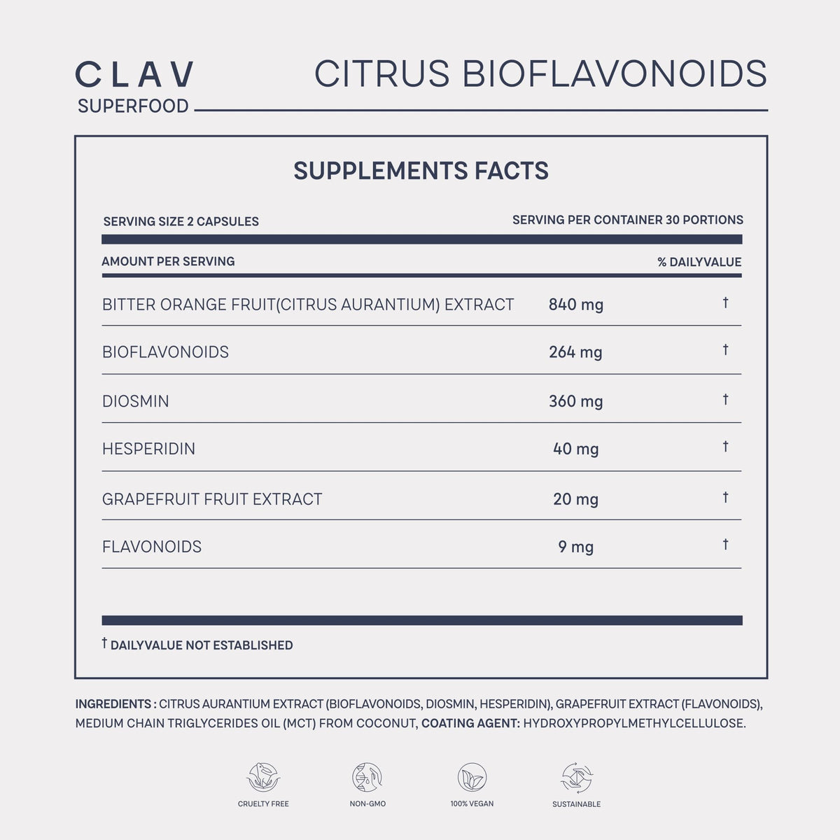 CLAV Citrus Bioflavonoids Complex with Diosmin Hesperidin and Naringin - Flavonoids Supplement Made from Bitter Orange and Grapefruit Extract - Circulation Booster - 60 Capsules - Made in Germany