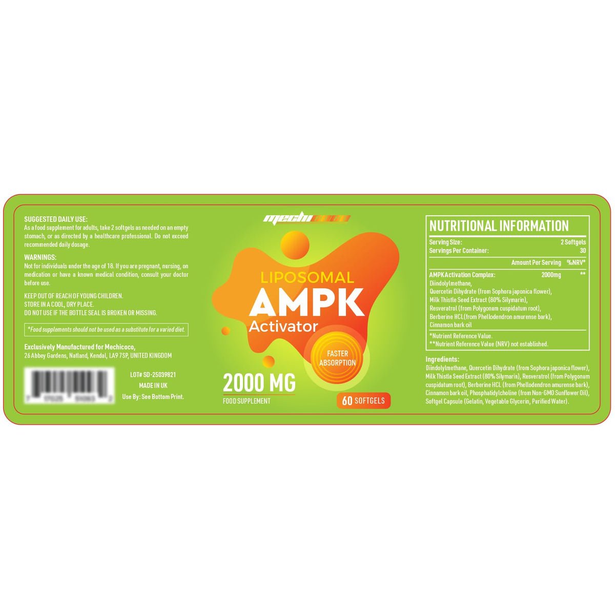 Mechicoco Liposomal AMPK Activator Capsules 2000 mg, 6-in-1 Formula with Quercetin Dihydrate, Resveratrol and Cinnamon Bark, for Antioxidant Support and Cellular Regulation, NO Soy,NO Gluten