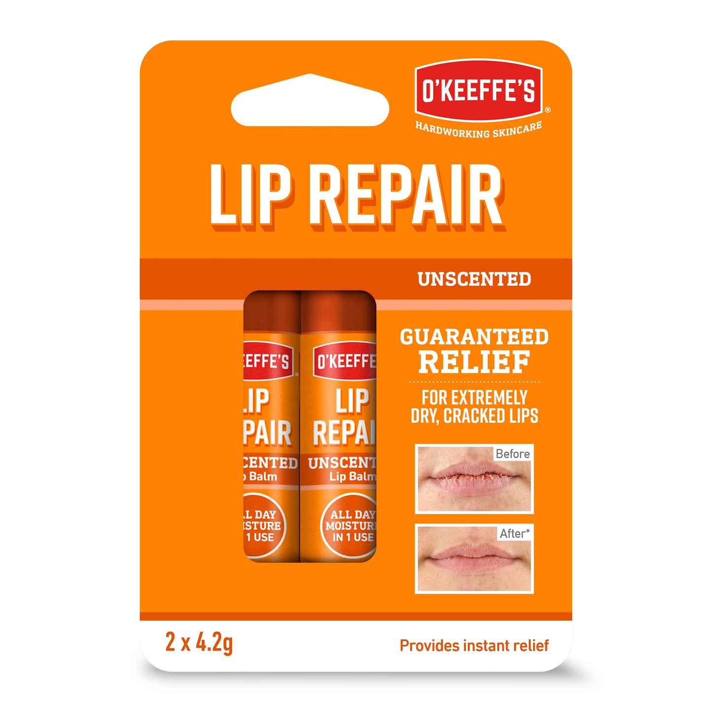 O'Keeffe's Lip Repair Unscented Lip Balm, Twin Pack, 2 x 4.2 g - For Extremely Dry, Cracked Lips | All-Day Moisture with 7 Moisturising Ingredients