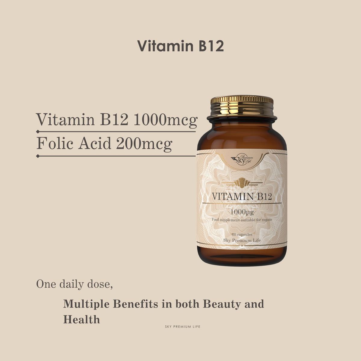 Sky Premium Life Vitamin B12 Food Supplement - 120 Capsules Vitamin B12 1000μg and Folic Acid - Vegan Friendly