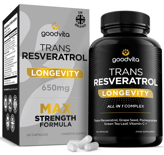 Goodvita Trans Resveratrol Supplement 650mg | UK Made | 60 Capsules, 2 Month Supply | Antioxidant, Anti-Aging, Immune, Joint Support | Grape Skin, Pomegranate, Vitamin C | Rich in Polyphenols