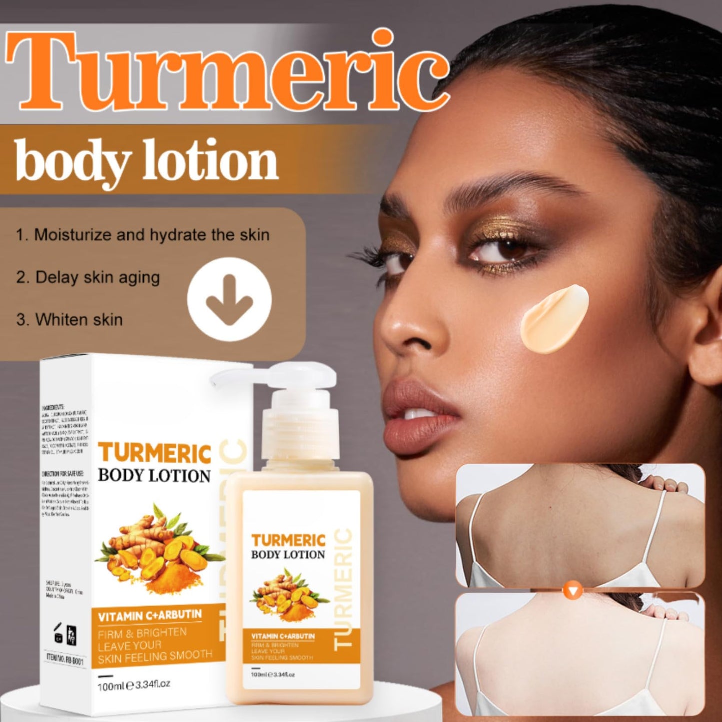 Turmeric Body Lotion- Tumeric Lotion- Remove Acne, Dark Spots，Firming Moisturiser with Aloe, Witch Hazel & Turmeric - Body Cream for Women, Men, Dry Skin Holiday Essentials-100ml Travel Size